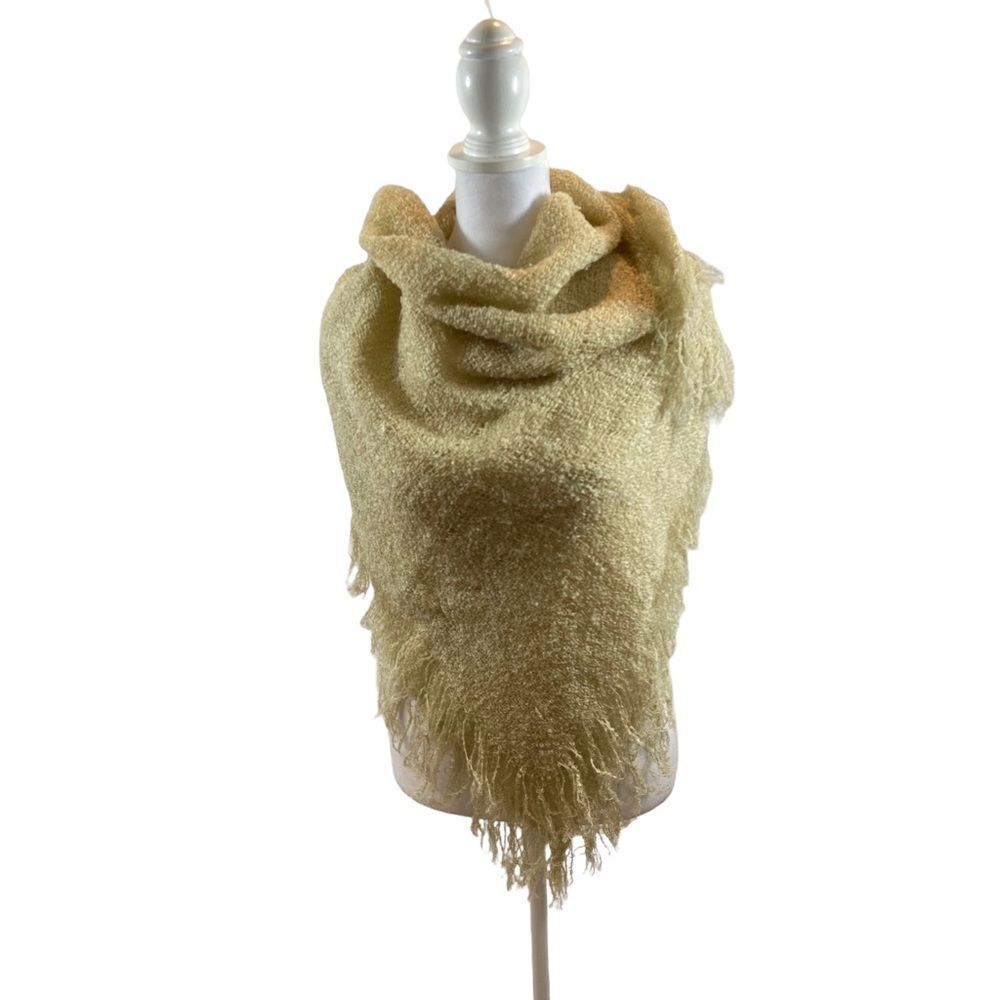 Vintage Off White Woven or Knit Square Fringe Hem Scarf Wrap